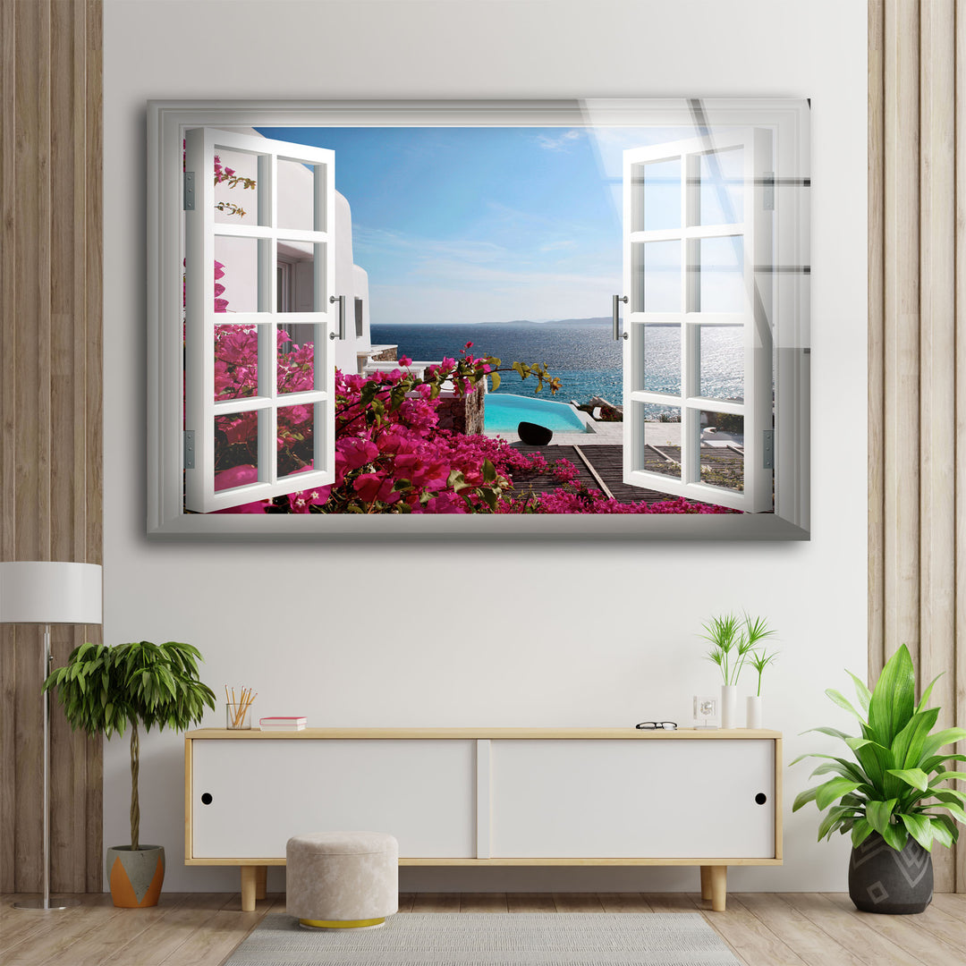 Fake Window Santorini Island Glass Wall Art photo print on glass, prints on glass wall art