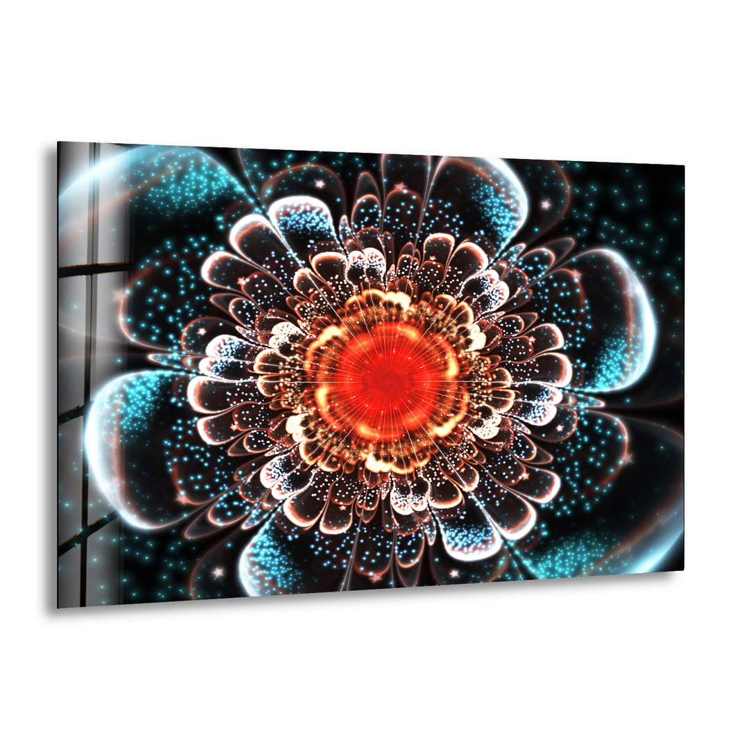 Orange-Blue Fractal Flower Glass Wall Art, print on glass, glass printed photos