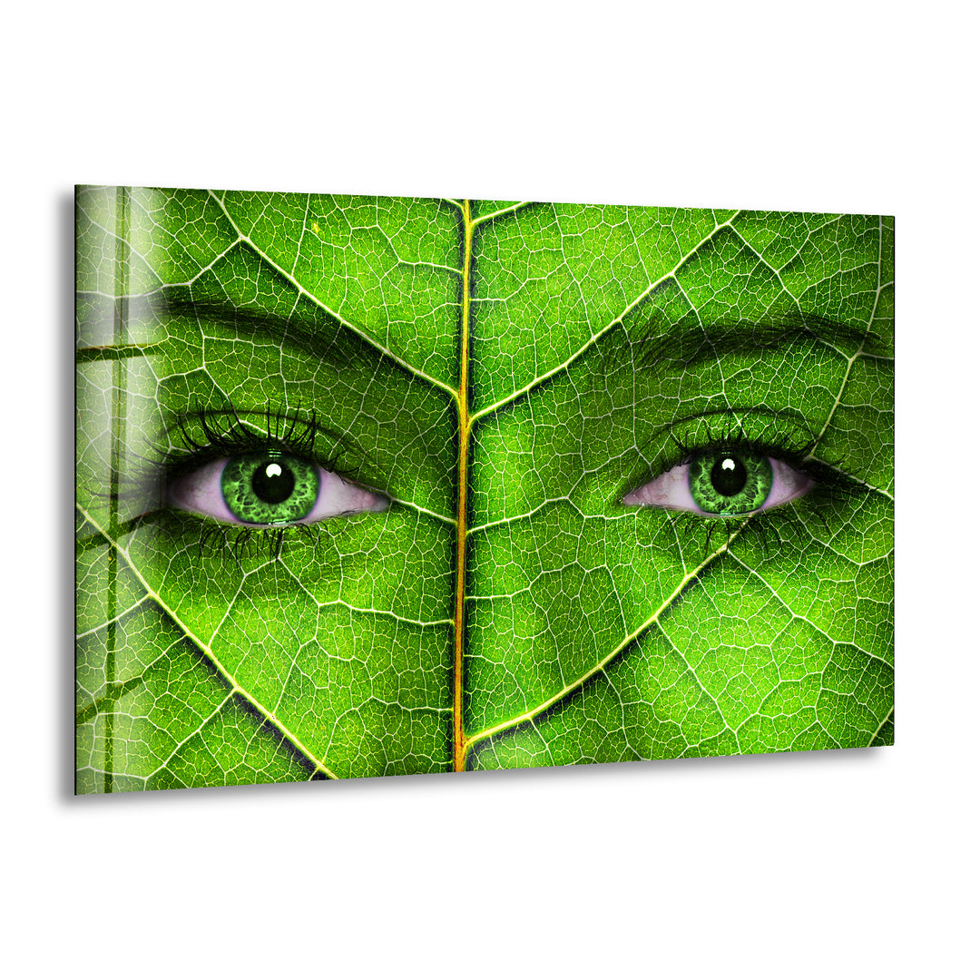 Woman Face with Green Leaf Texture Glass Wall Art