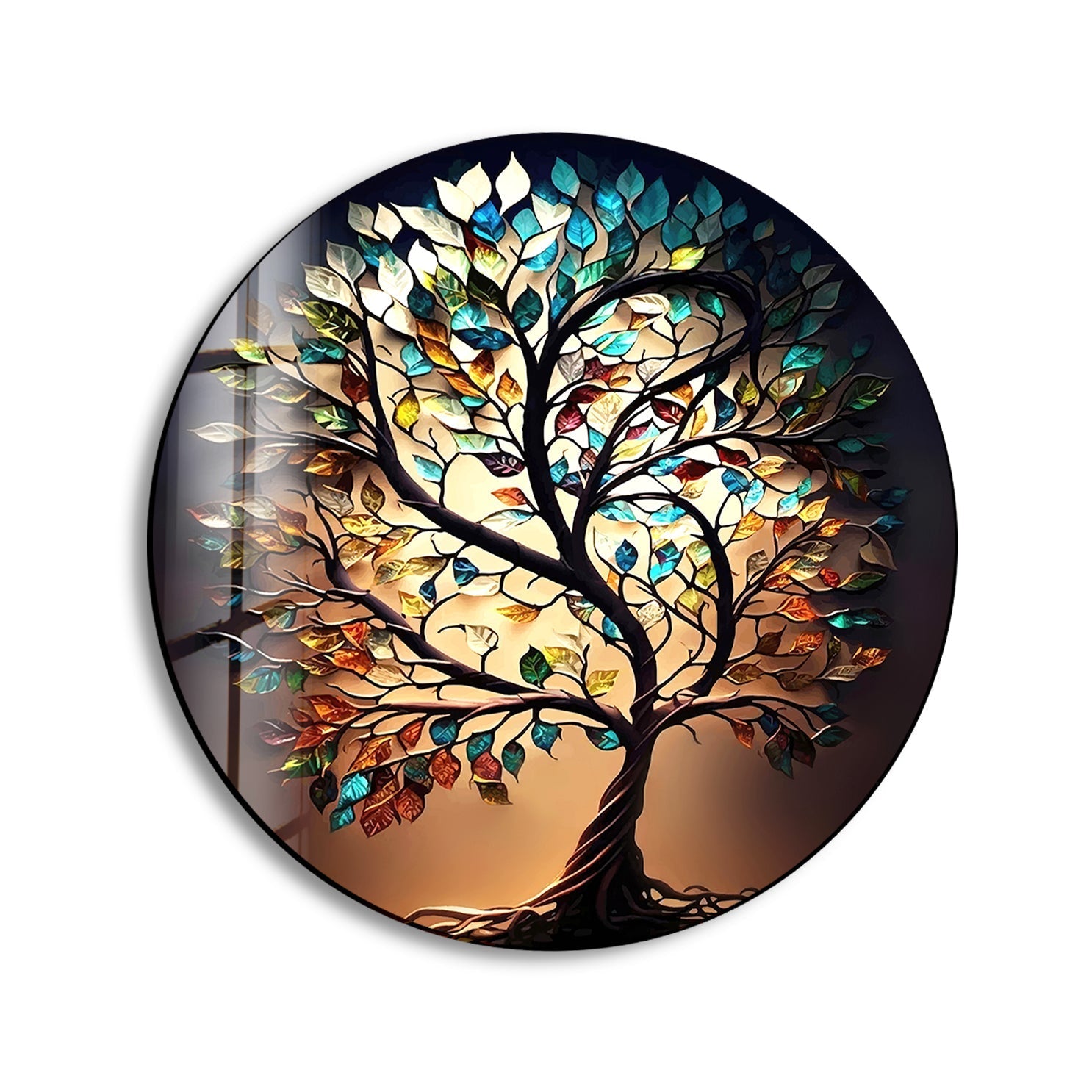 Brown Life of Tree Round Glass Wall Art photo print on glass, prints on glass wall art