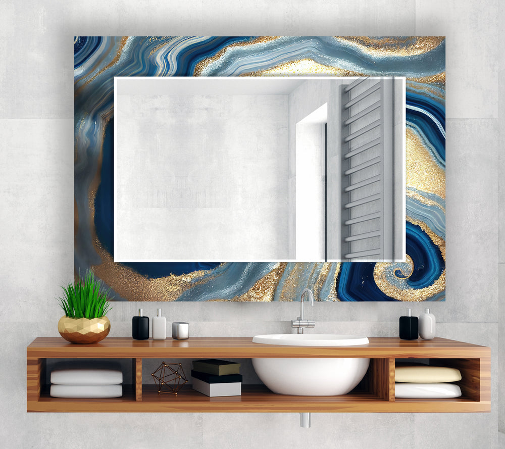 Marble Silver & Blue Wall Mirror Framed Mirror
