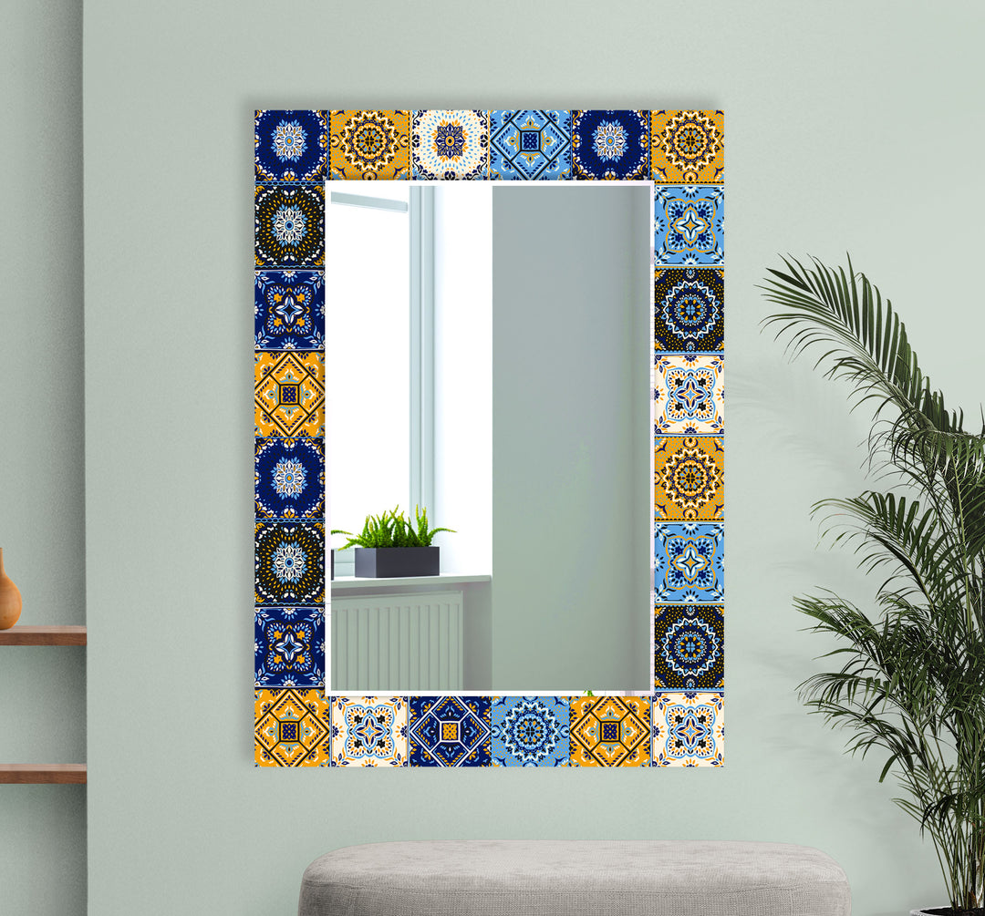 Navy Blue and Yellow Mosaic Wall Mirrors mirror with frame
