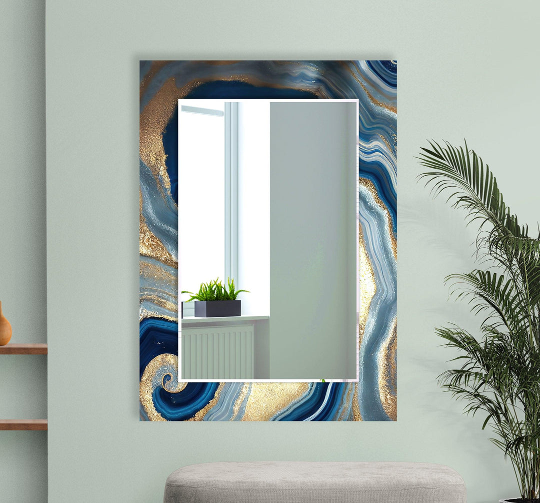 Marble Silver & Blue Wall Mirror Round Mirror
