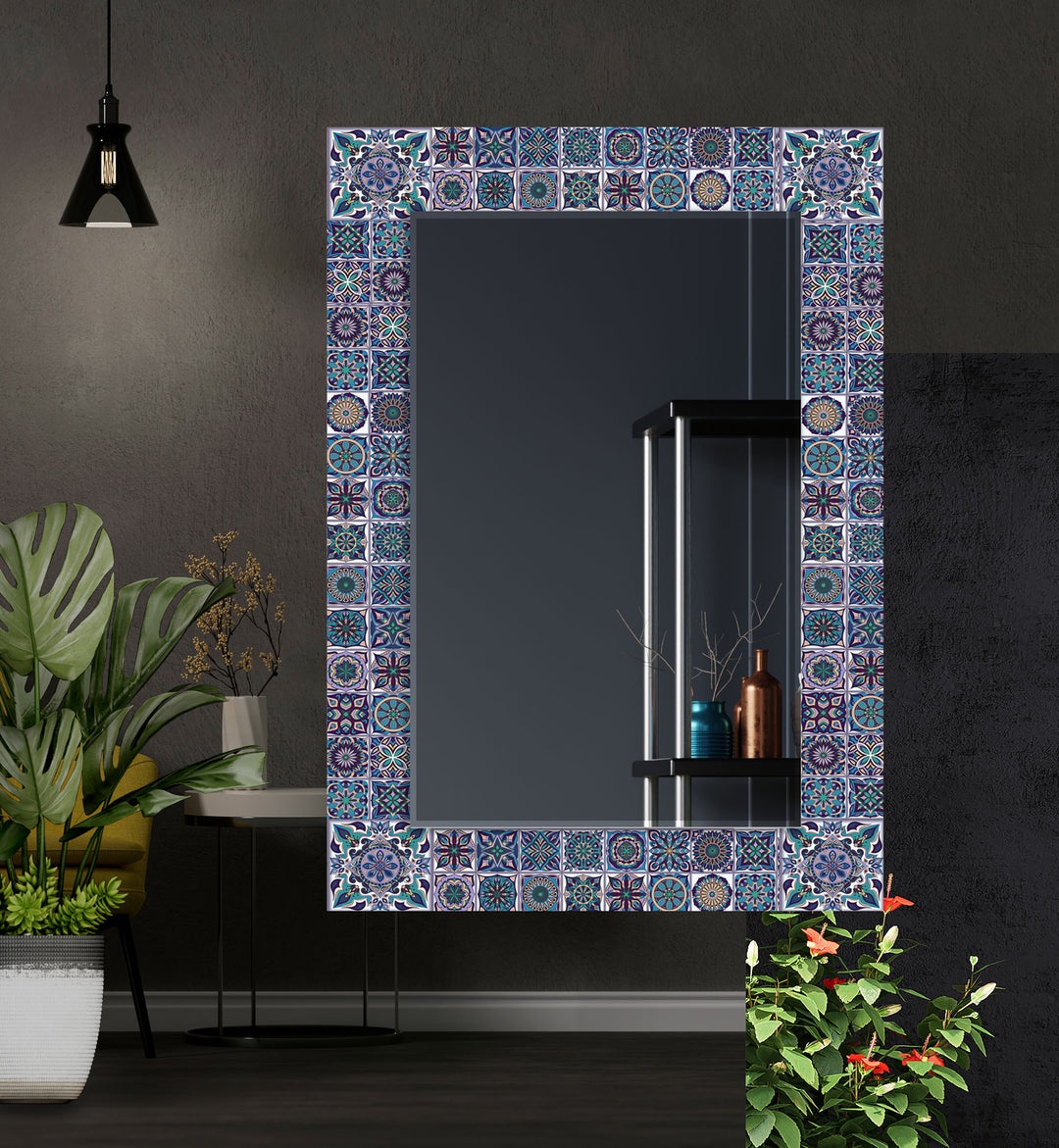 Green and Blue Mandala Wall Mirror black frame mirror
