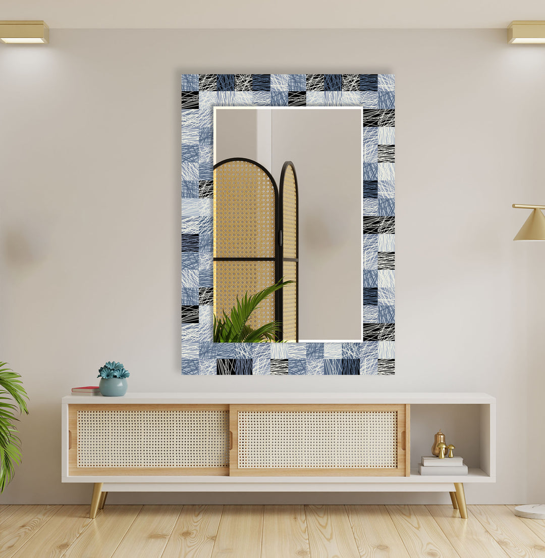 Blue & Gray Plaid Design Wall Mirror Gold Mirror
