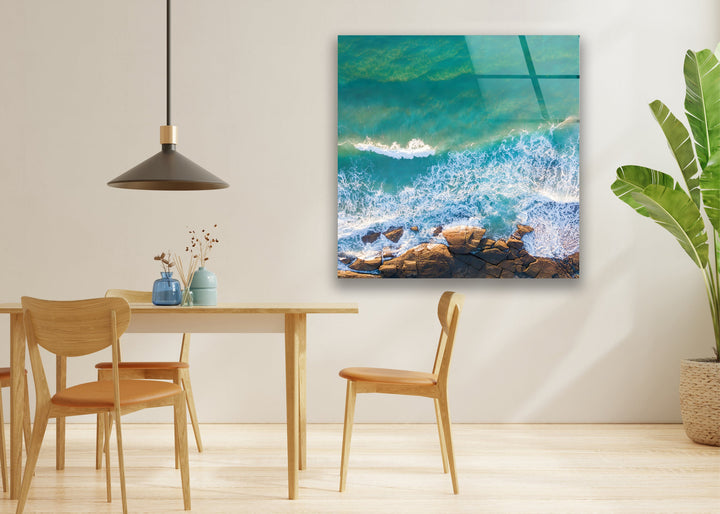 Blue Water With Some Rocks Glass Wall Art Glass Printing Wall Art, Print photos on glass