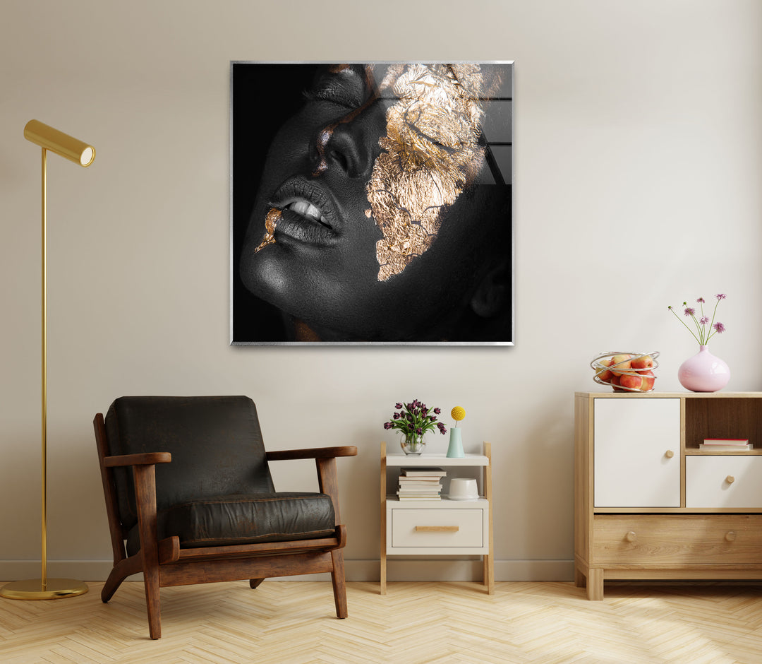 Vibrant Black woman in gold Glass Wall Art Decor