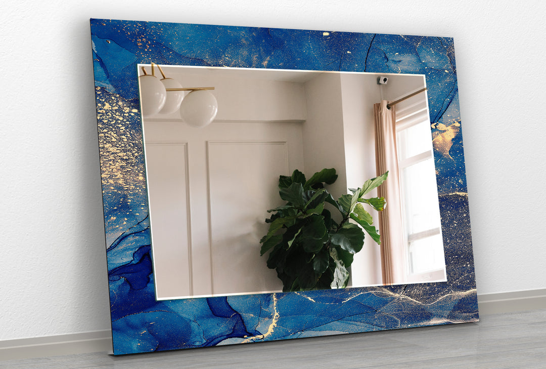 Blue Gold Details Marble Wall Mirror Entryway Mirror
