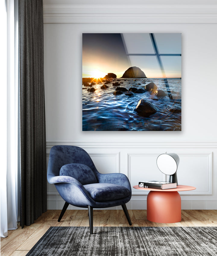 Rocky Shore Landscape Glass Wall Art custom glass pictures, glass art prints