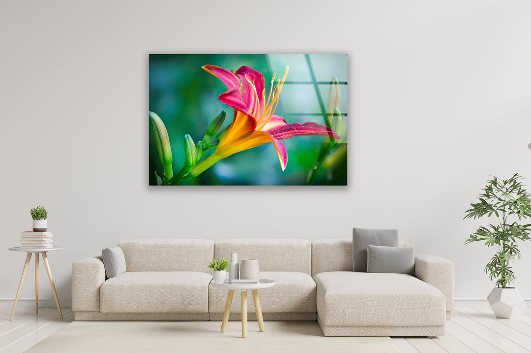 Closeup Pink Lily Glass Wall Art, glass wall decor, glass wall art decor