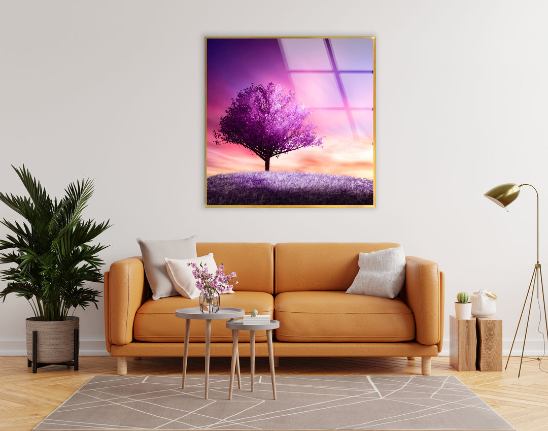 Purple Tree Landscape Glass Wall Art print picture on glass, Tempered Glass Wall Art