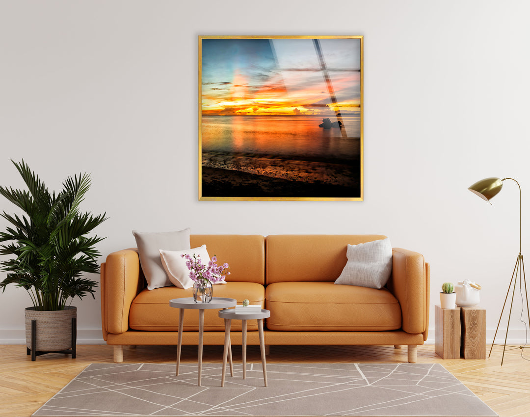 Sunset Orange Landscape Glass Wall Art glass art painting, glass art for the Wall