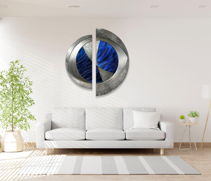 2 Piece Abstract Silver Blue Glass Wall Art glass image printing, glass prints from photos
