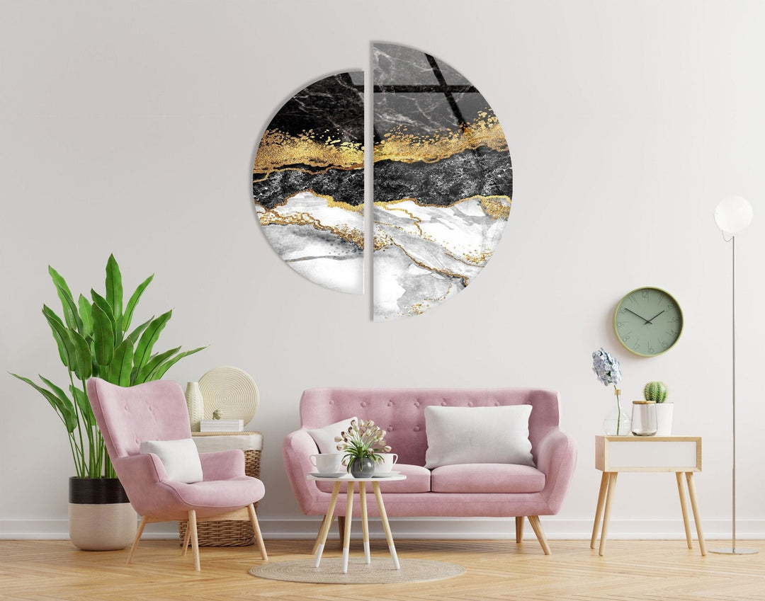 2 Piece Black and Gold Marble Glass Wall Art glass pictures for Wall, glass prints wall art
