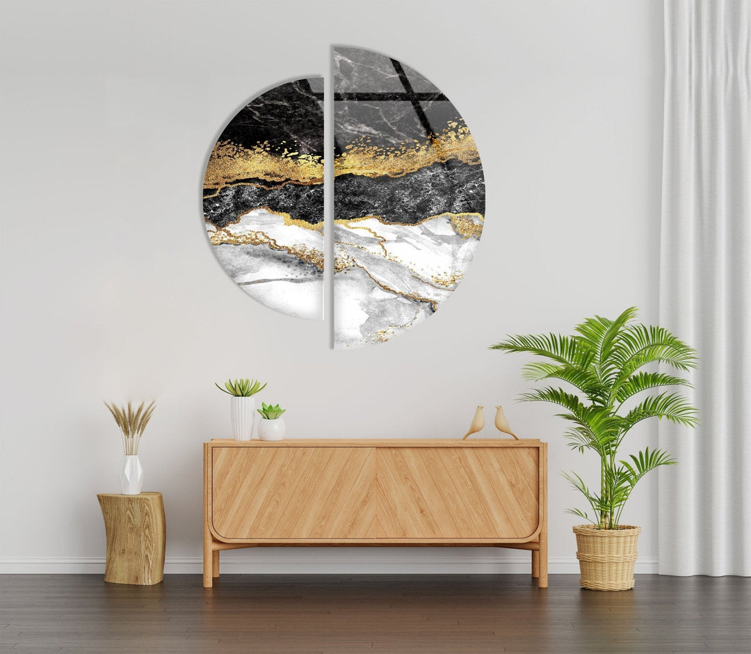 2 Piece Black and Gold Marble Glass Wall Art glass photo prints, glass picture prints
