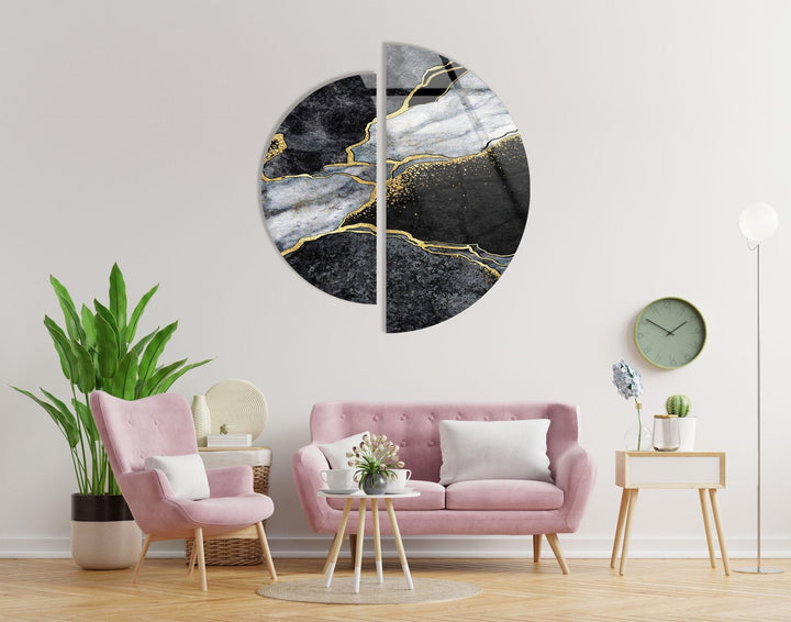 2 Piece Black & Gold Marble Glass Wall Art print on glass, glass printed photos
