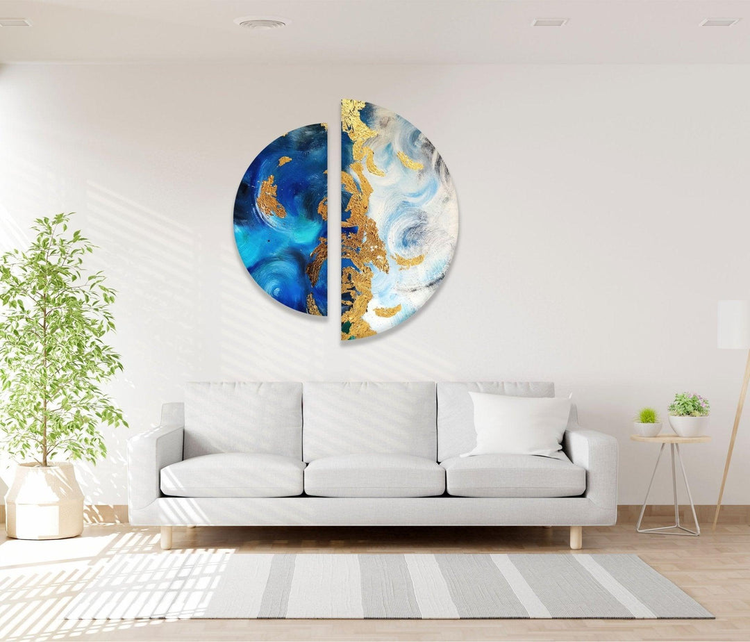 2 Piece Blue Golden Details Abstract Glass Wall Art glass wall decor, glass wall art decor
