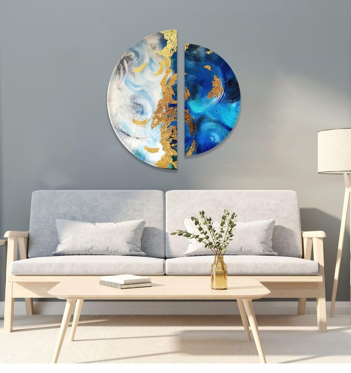 2 Piece Blue Golden Details Abstract Glass Wall Art print picture on glass, Tempered Glass Wall Art
