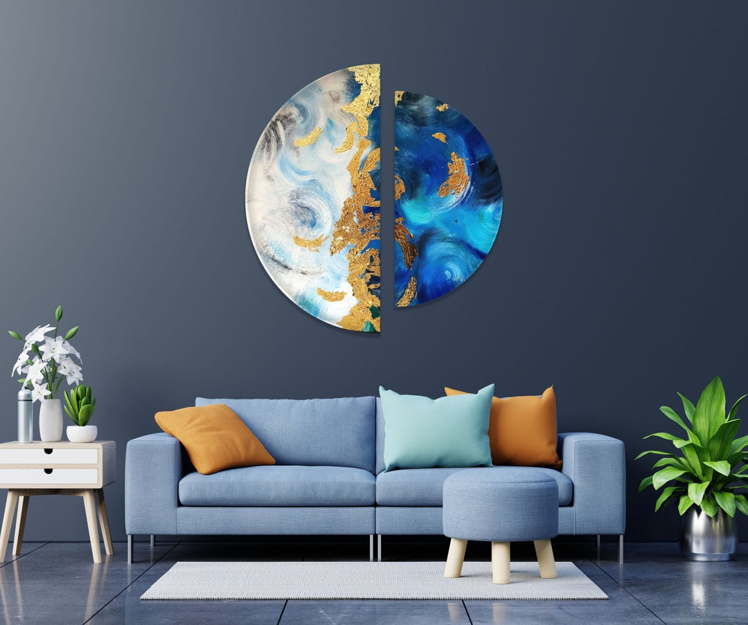 2 Piece Blue Golden Details Abstract Glass Wall Art Glass Printing Wall Art, Print photos on glass
