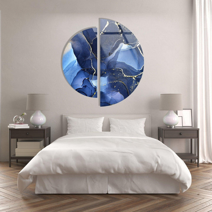 2 Piece Circular Dark Blue Marble Glass Wall Art custom glass pictures, glass art prints
