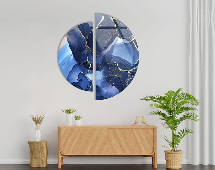 2 Piece Circular Dark Blue Marble Glass Wall Art glass pictures for Wall, glass prints wall art
