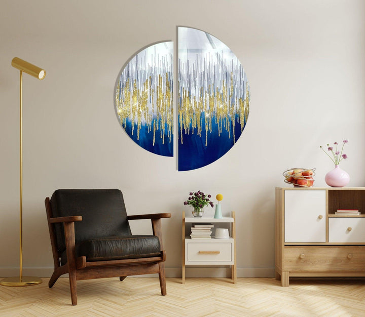 2 Piece Gold & Blue Abstract Glass Wall Art large glass photo prints, glass wall photos
