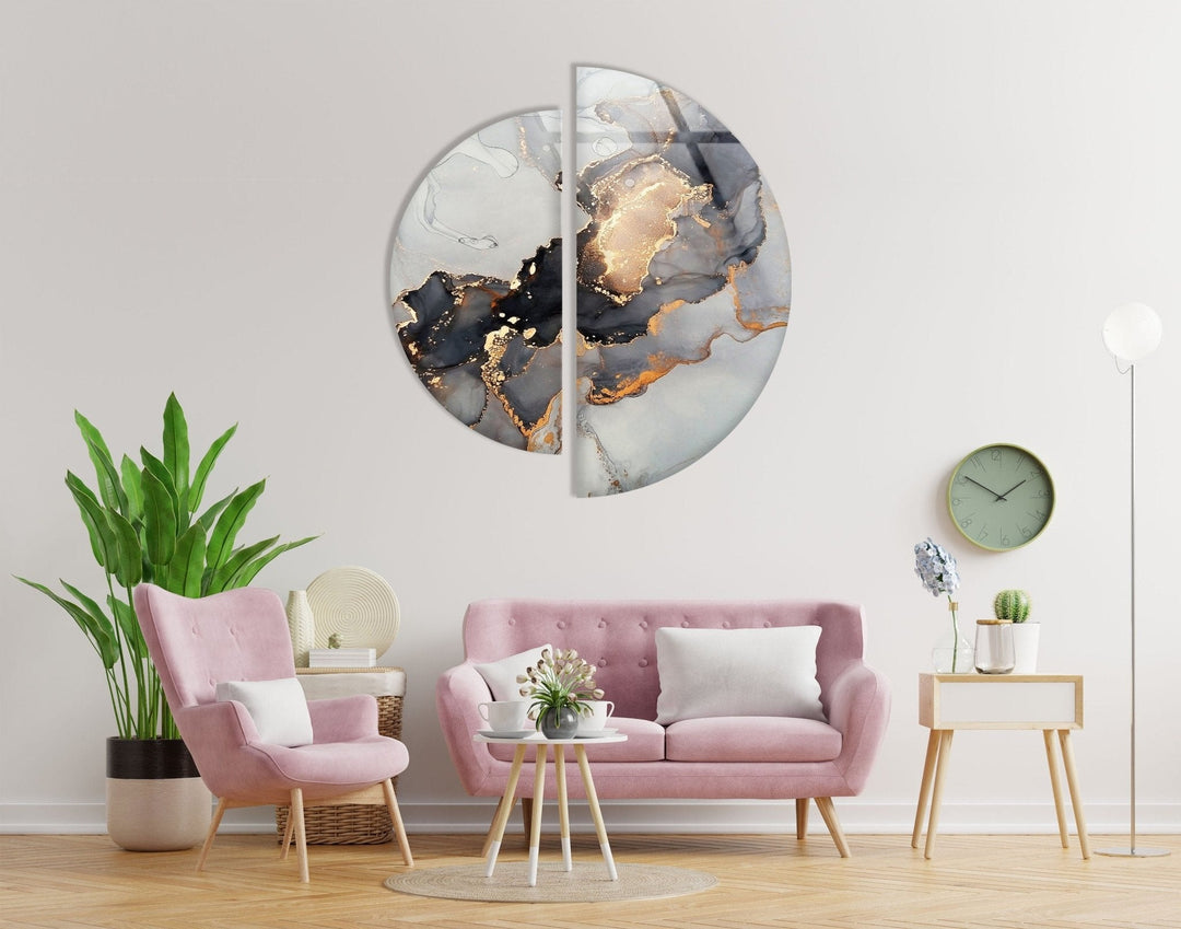 2 Piece Grey Golden Marble Glass Wall Art print picture on glass, Tempered Glass Wall Art
