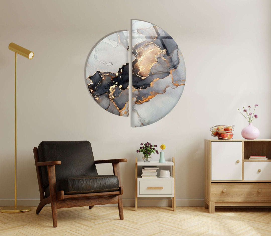 2 Piece Grey Golden Marble Glass Wall Art print on glass, glass printed photos
