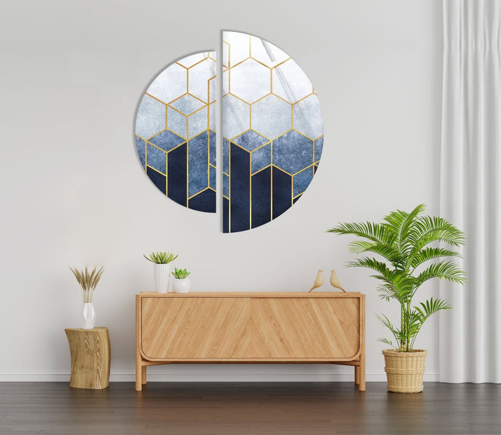 2 Piece Half Circle Abstract Hexagon Glass Wall Art glass photo prints, glass picture prints
