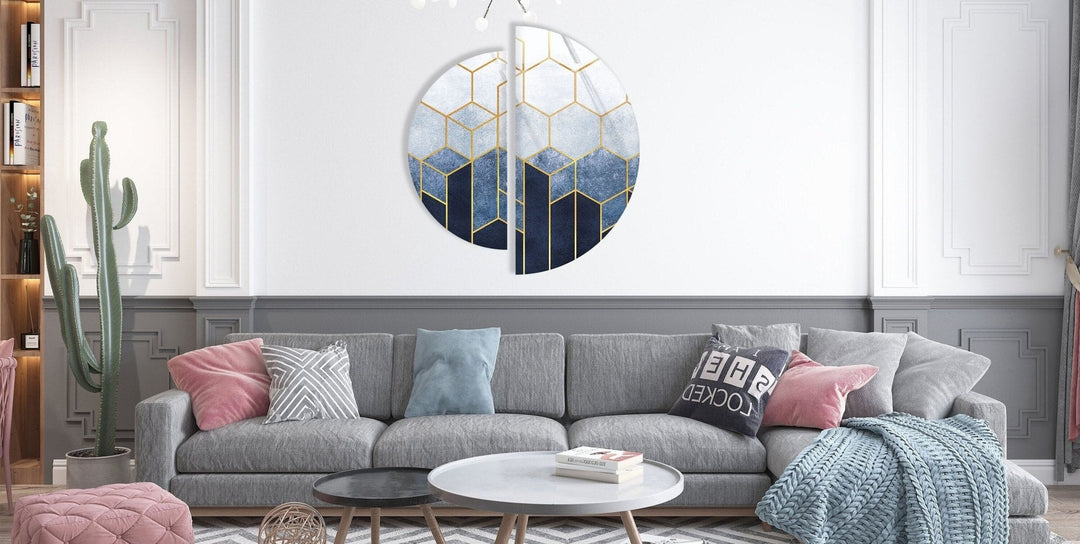 2 Piece Half Circle Abstract Hexagon Glass Wall Art glass art painting, glass art for the Wall
