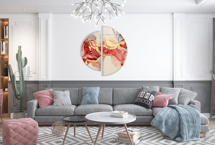 2 Piece Half Circle Red Alcohol ink Glass Wall Art photo print on glass, prints on glass wall art
