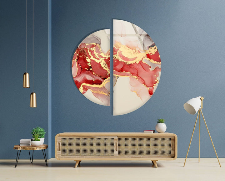 2 Piece Half Circle Red Alcohol ink Glass Wall Art large glass photo prints, glass wall photos
