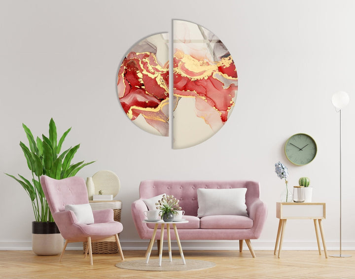 2 Piece Half Circle Red Alcohol ink Glass Wall Art glass pictures for Wall, glass prints wall art
