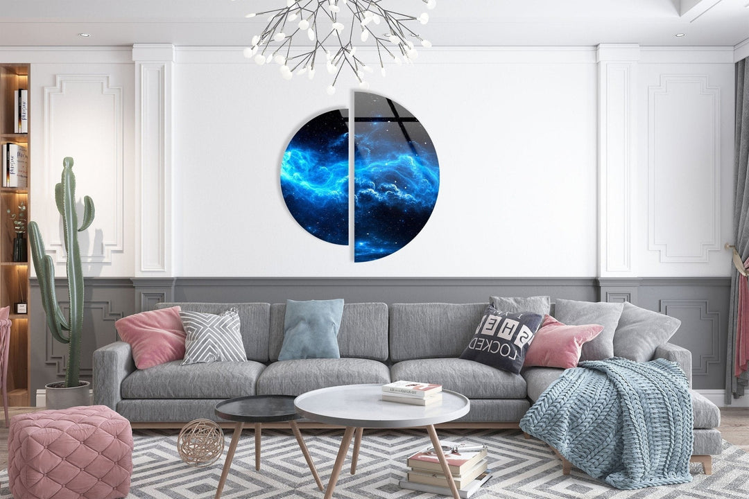 2 Pieces Half Circle Nebula Star and Space Glass Wall Art custom glass pictures, glass art prints
