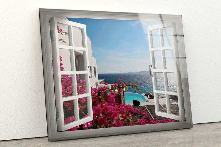 Fake Window Santorini Island Glass Wall Art custom glass photo prints, large glass prints