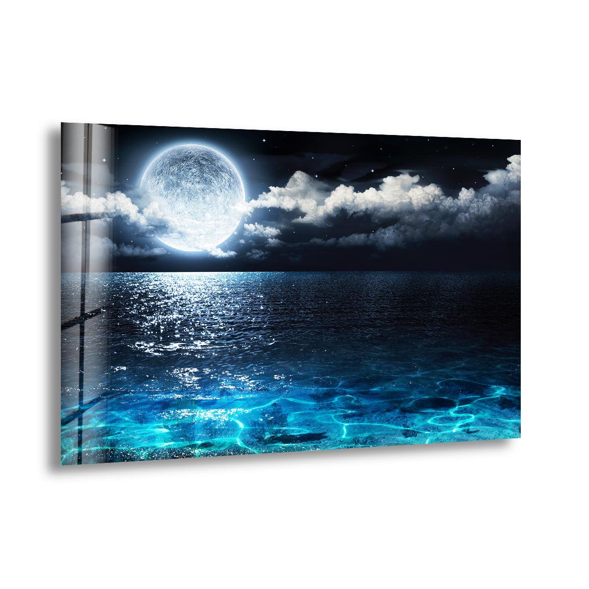 Moon Over The Ocean Glass Wall Art photo print on glass, prints on glass wall art