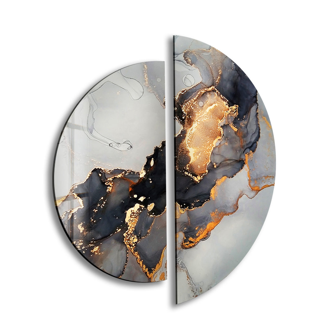 2 Piece Grey Golden Marble Glass Wall Art custom glass pictures, glass art prints
