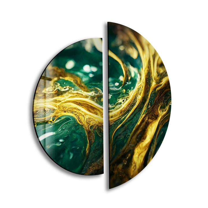 Round 2 Piece Gold Green Glass Wall Art print picture on glass, Tempered Glass Wall Art
