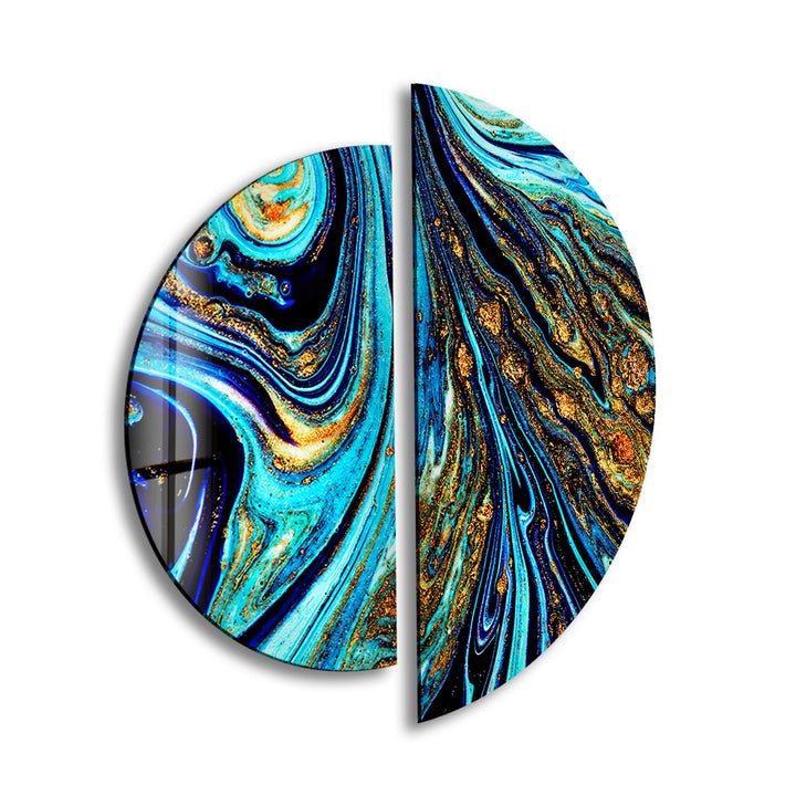 Two Pieces Round Abstract Blue and Gold Glass Wall Art stained glass wall art, stained glass wall decor
