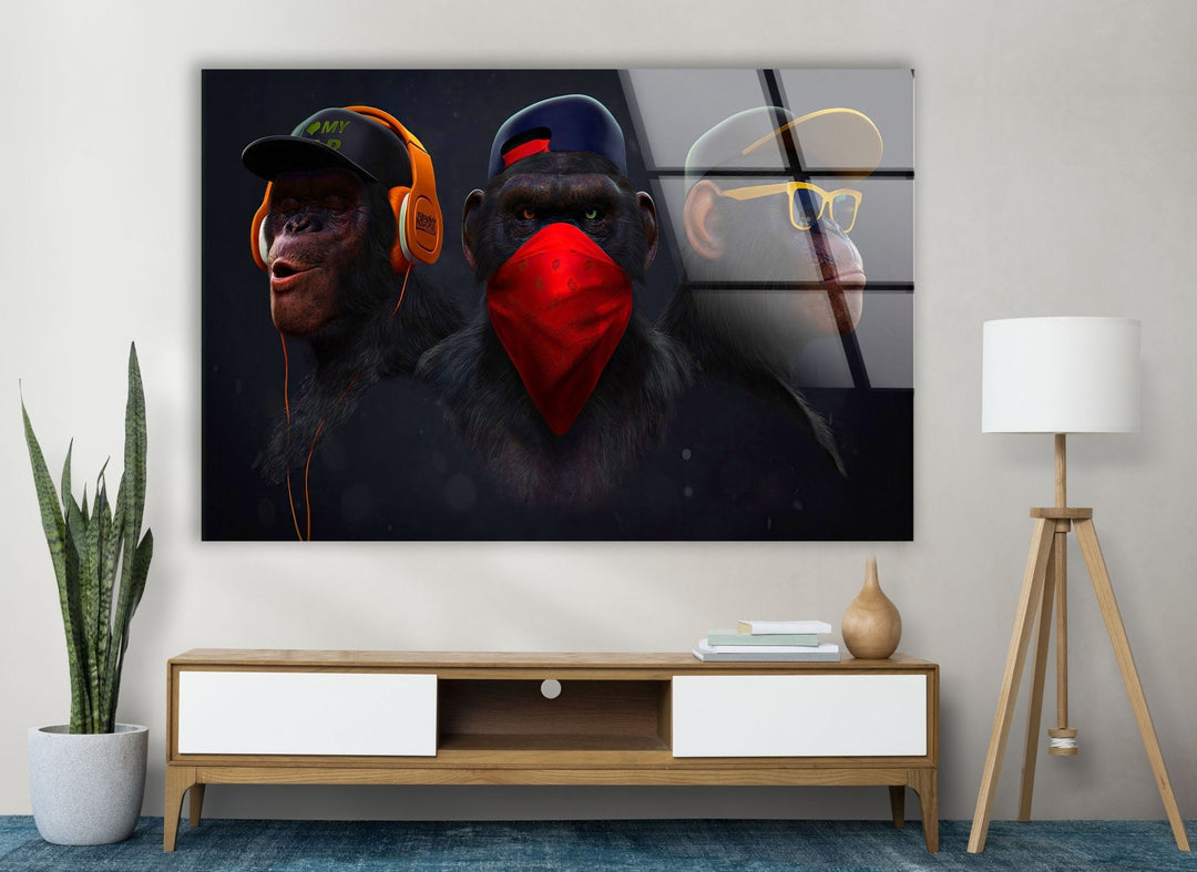 a painting of two monkeys wearing headphones3 Swag Monkeys Discover Banksy Glass Wall Art Decor - Discover unique Banksy prints and elevate your home decor with the artist's iconic designs. Our collection of Banksy wall art and paintings for sale offers something for every taste. Purchase Banksy art today and bring contemporary flair to your walls.