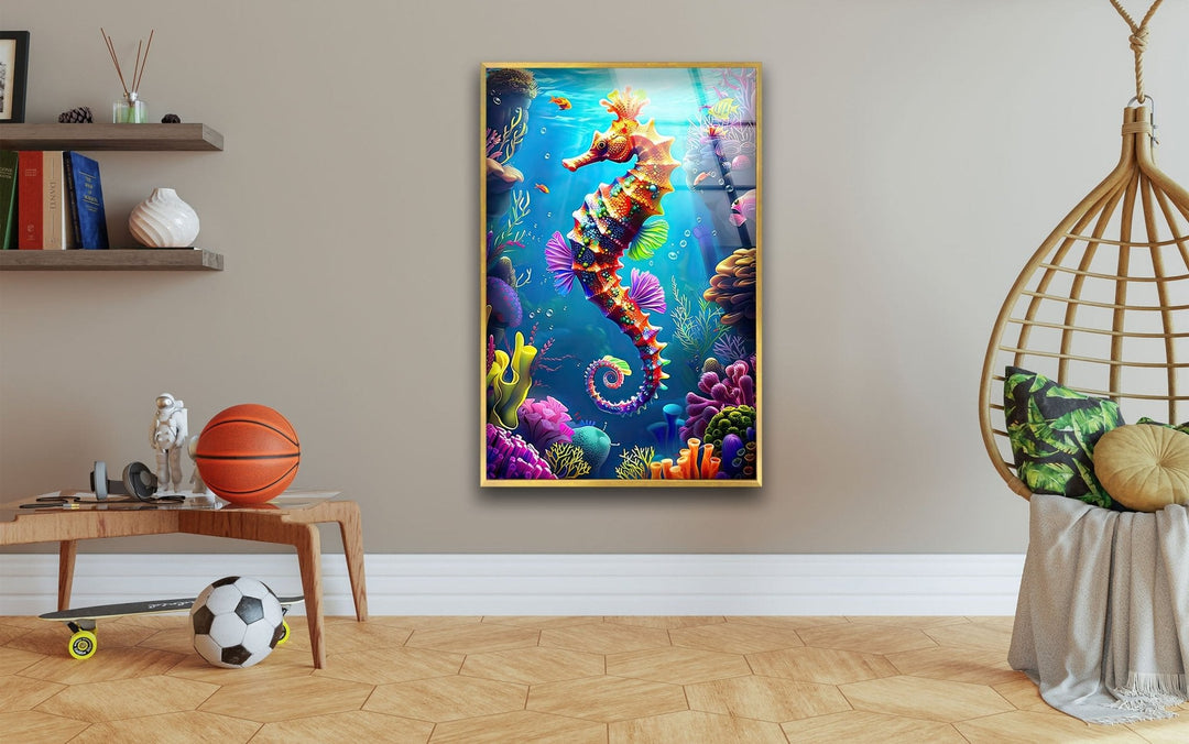 3D Cartoon Seahorse Glass Wall Art glass pictures for Wall, glass prints wall art
