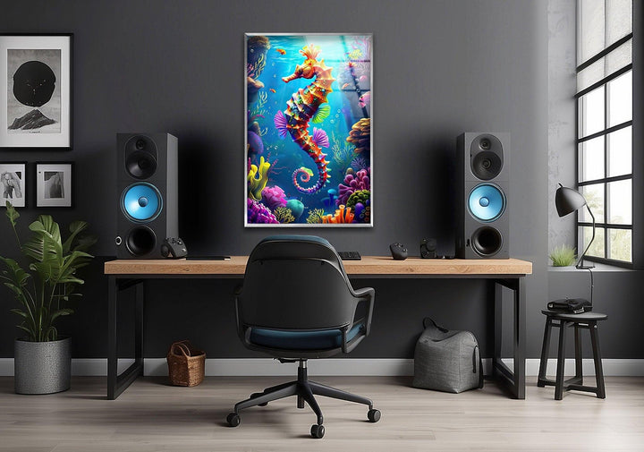 3D Cartoon Seahorse Glass Wall Art Glass Printing Wall Art, Print photos on glass
