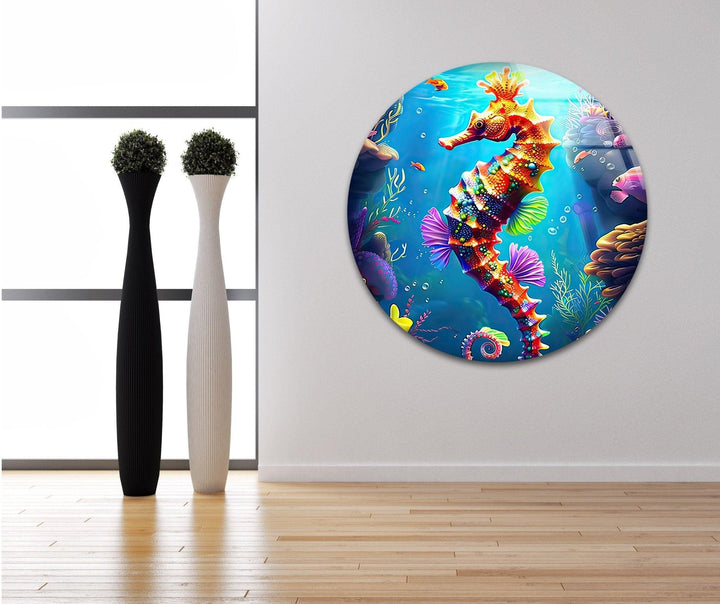 3D Cartoon Seahorse Glass Wall Art photo print on glass, prints on glass wall art
