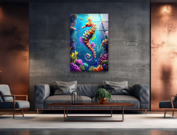 3D Cartoon Seahorse Glass Wall Art glass photo prints, glass picture prints
