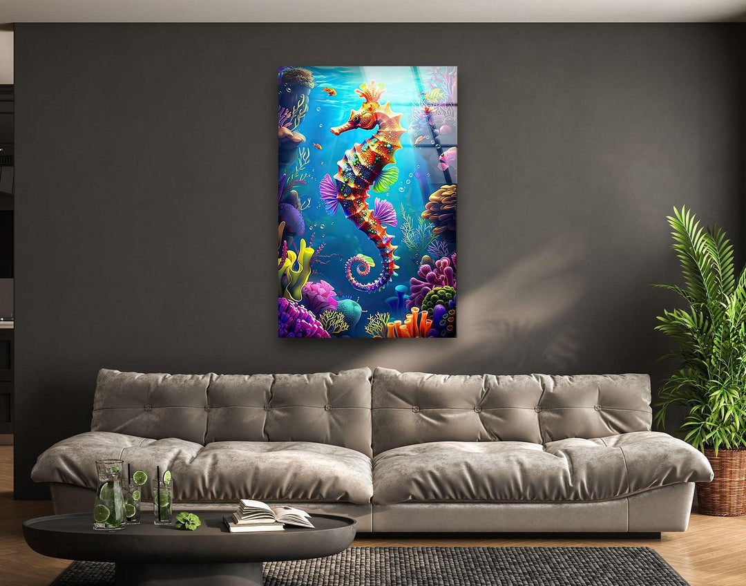 3D Cartoon Seahorse Glass Wall Art glass wall decor, glass wall art decor
