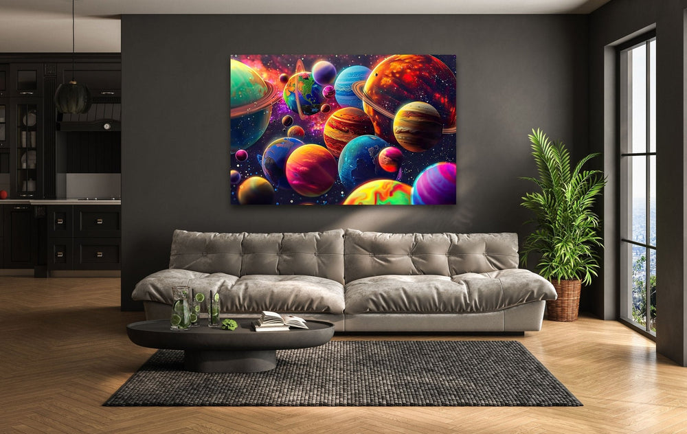 3D Colorful Planets Glass Wall Art glass art painting, glass art for the Wall
