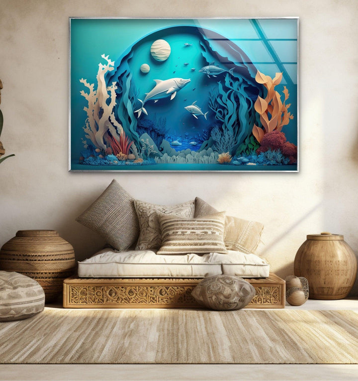 3D Fishes Paint Glass Wall Art picture on glass wall art, photos printed on glass
