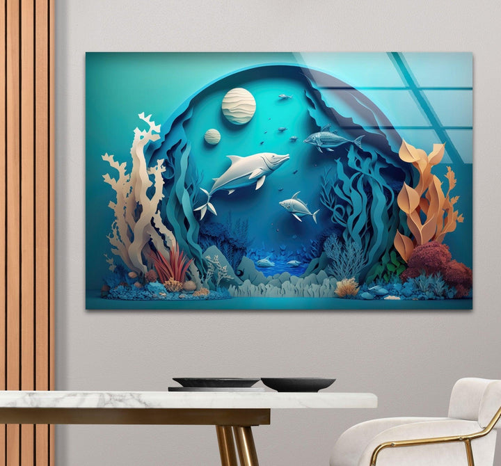 3D Fishes Paint Glass Wall Art custom glass pictures, glass art prints
