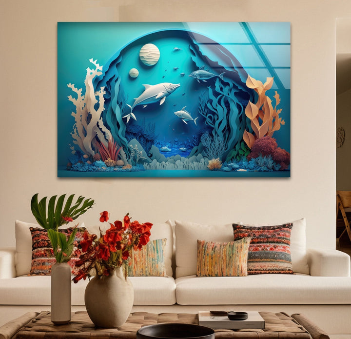 3D Fishes Paint Glass Wall Art large glass photo prints, glass wall photos
