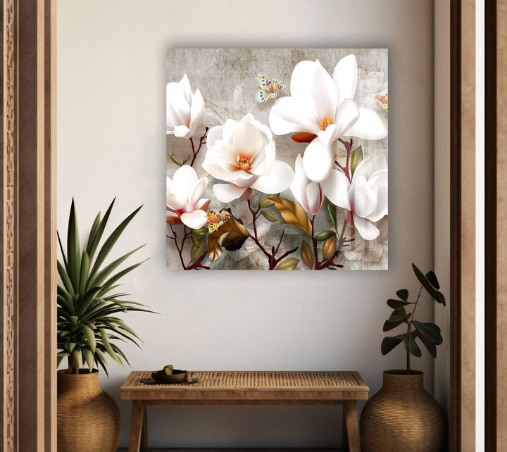 3D White Magnolia Glass Wall Art, glass image printing, glass prints from photos